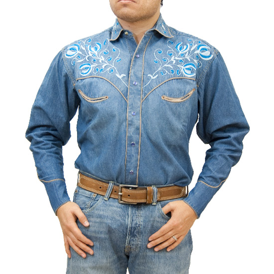 Rockmount: Alcalas Western Wear Blue denim western shirt with floral ...